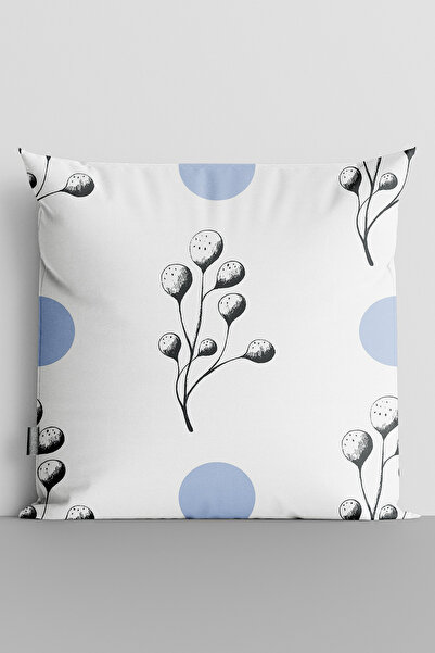 TicaretJet Blue Spots and Flowers Double Sided Digital Printed Throw Pillow C...