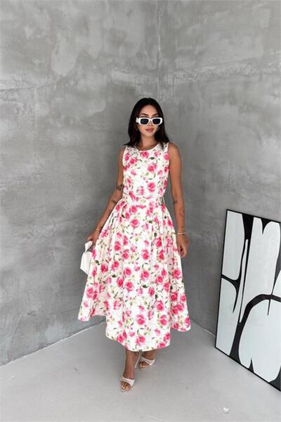 Neşeli Butik γυναικείο φόρεμα με ροζ φλοράλ σχέδιο, αμάνικο, μήκους midi, με ...