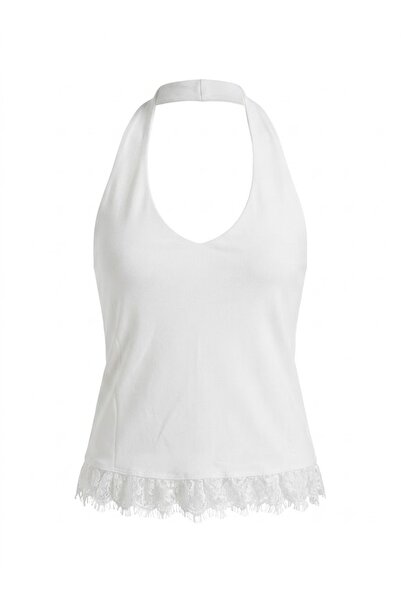 KECHİ WOMAN Neck-Tie Lace Detail Crop Ecru