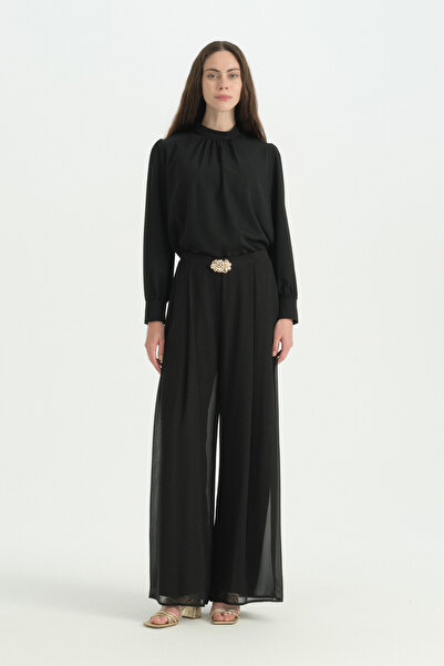 Nihan Pleated Loose Trousers with Metal Accessories - Black