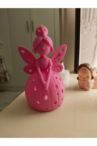 3D Baskı Pembe led mumluk – LED Mumluk – Dekoratif Çocuk Odası Masa Üstü Süsü – Prenses Peri Figür
