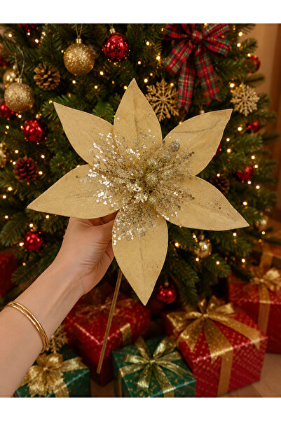 PARTİPORT Christmas Pine Tree Ornament Gold Glitter Decorative Flower 30 cm L...