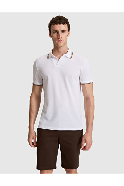 Pierre Cardin White Slim Fit 100% Cotton Apaş Collar T-Shirt 50327845-Vr013
