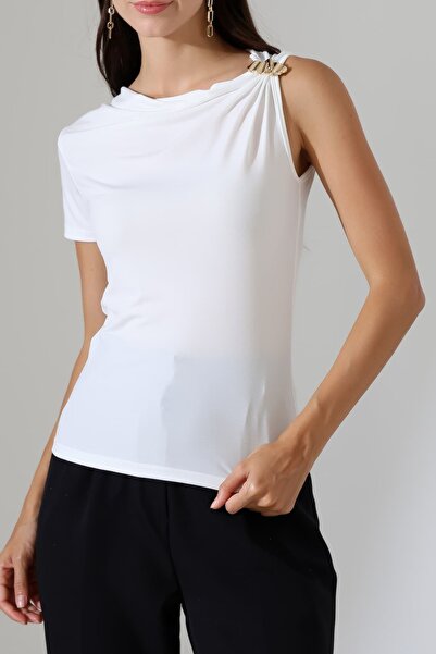 Sabr Asymmetrical Collar Sandy Blouse with Metal Accessories