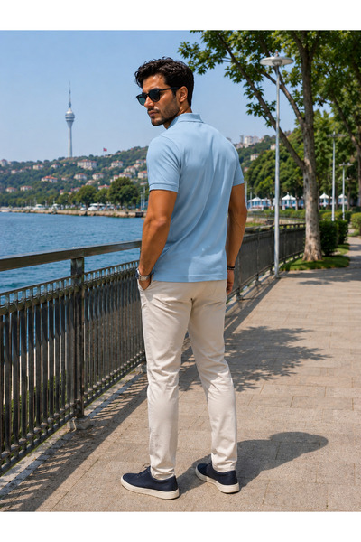 Maccali Tricou pentru bărbați, confortabil, albastru, cu buzunare și guler polo