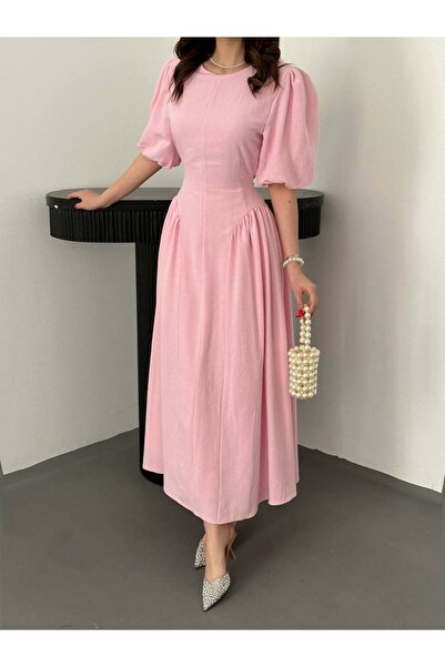 D'RECCY Women's Waist-Fitted Tie-Up Long Short Sleeve Linen Stylish Dress