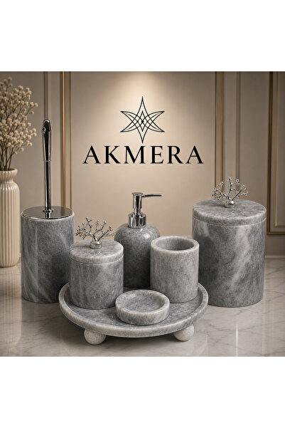 Akmera Home Lüks Gri Mermer Top Ayaklı 7 Parça Banyo Seti ⭐