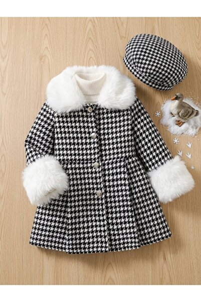 shop White Fur Detailed Collar and Sleeves Houndstooth Pattern Jacket Hat