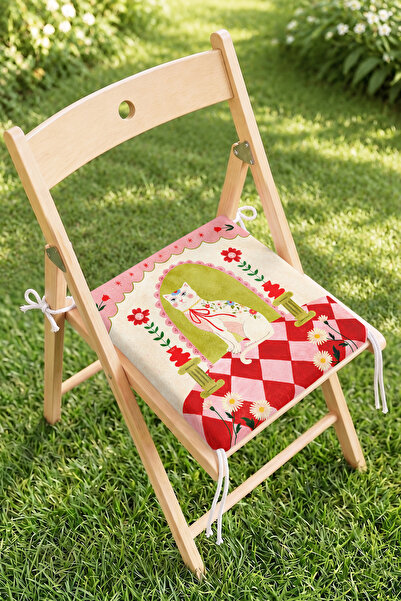 Home Kedi Figürlü Kırmızı Dama Desenli Fermuarlı Sandalye Minderi - Vintage B...