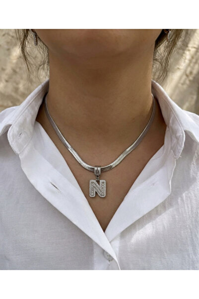 FM 💎   Premium Silver Color Shiny Stone N Letter 316L Steel Necklace (45cm)