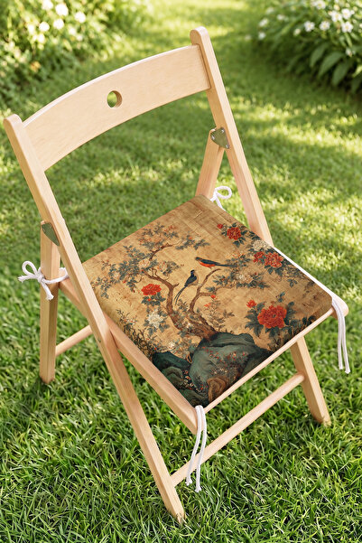 Home Kuş ve Çiçek Desenli Fermuarlı Sandalye Minderi - Vintage Görünümlü Bahç...