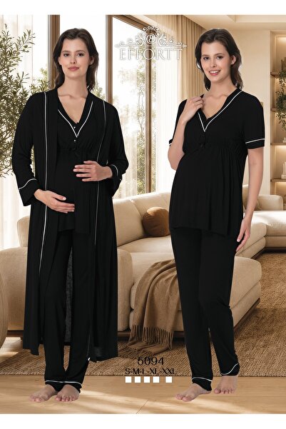 EM&FA TEKSTİL Maternity Pajama Set with Nursing Features and Robe