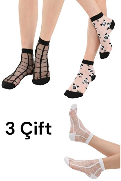 erceys Women's tulle socks summer thin transparent patterned ankle socks 3 pairs