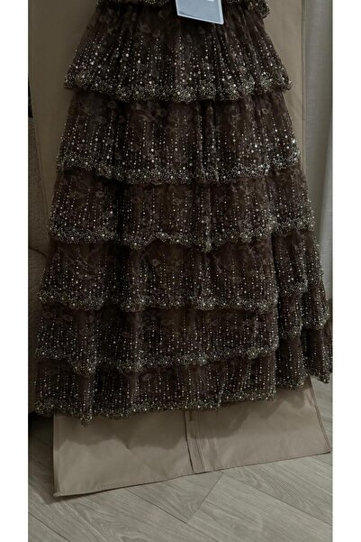 FASHION Dark Brown Off-Shoulder Evening Gown with Multi-Layered Design and St...