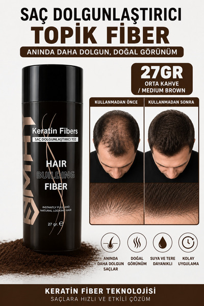 SMAY Topik Fiber Saç Dolgunlaştırıcı 27 Gr Orta Kahve - Keratin Fiber Saç Toz...