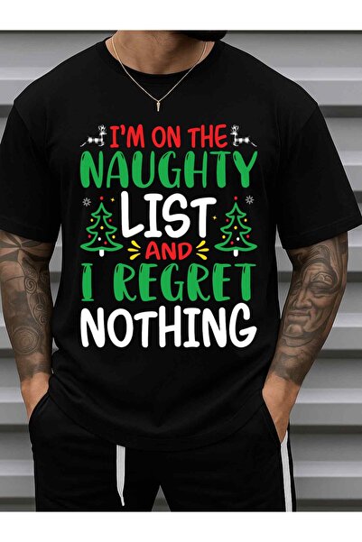 STITCHLY تي شيرت رجالي بطباعة "I'm on the Naughty List" لعيد الميلاد، أسود مع...