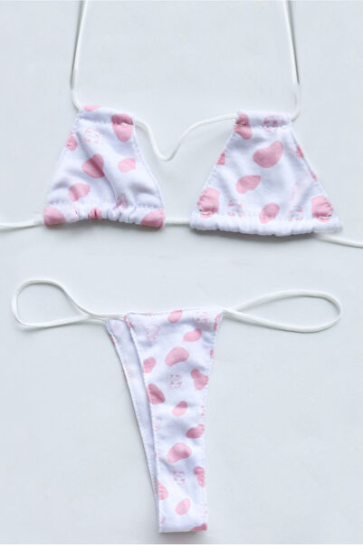 Shengzhou Jinshen Tie Pink Cow Print Two Piece Bikini Lingerie Set, Women Sof...