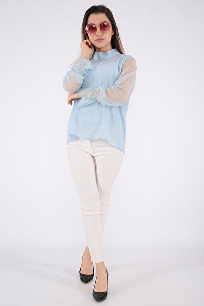 FIRST STYLE Soft Sky Blue Turkish Top with Long Sleeves and High Collar and B...