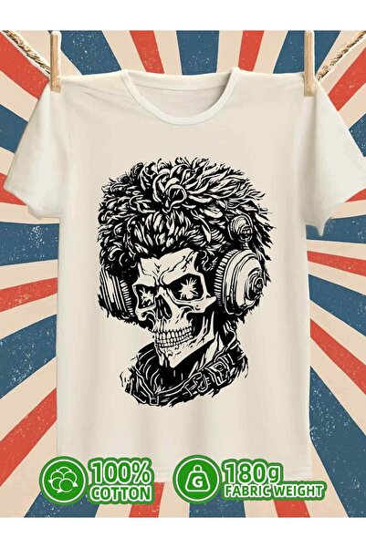 BASEPULSE Skull Headphones Tee Fire Skeleton T-shirts Print Mens 180G 100% Co...