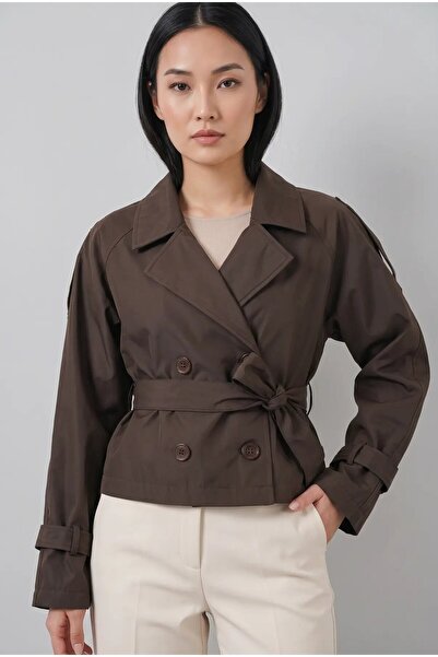 hazelin Women's Bitter Brown Double-Breasted Collar Belted Lined Short Trench...