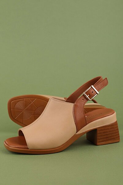 Gondol Women's Genuine Leather Mid-Heeled Daily Sandals Iz.12106 Nut