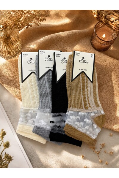 your trend socks 12 Çift Kadın Desenli Tül Çorap - Bilek Kısım Desenli Alt Kısım Penye - Karışık Renk/Desen