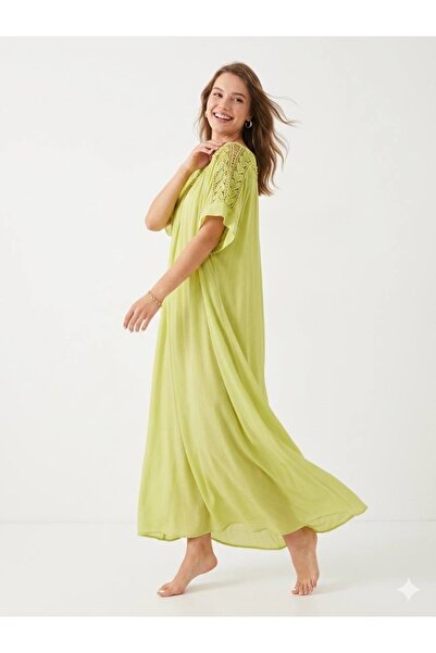 Genel Markalar Fortuna Moda İtalyan İpek Detaylı Dantel Yaka Oversize Elbise