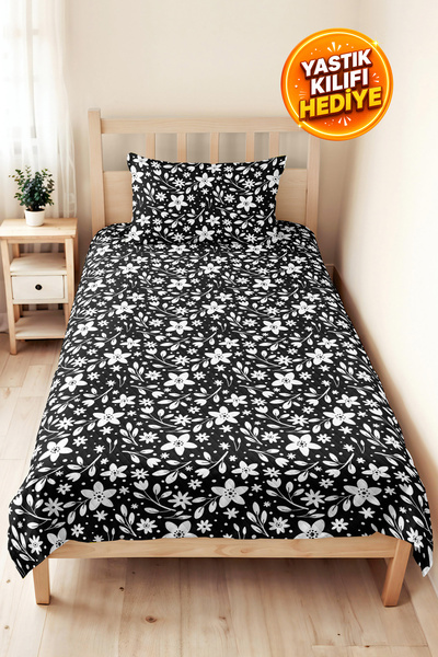 Evimde Bambaşka Black Floral Modern Young Room Single Pique Set-White Floral ...