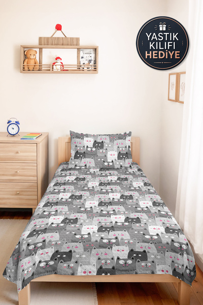 Evimde Bambaşka Gray Cat Patterned Teen Room Single Pique Set - Cute Pink 160...