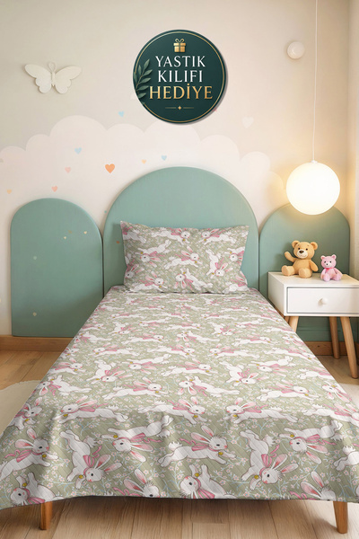 Evimde Bambaşka Rabbit Pastel Green Girls' Decorative Pique Set-Floral Pink B...