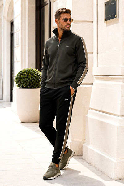 BESSA Khaki Stand Collar Striped Tracksuit Set with Zipper Pockets, Elastic C...