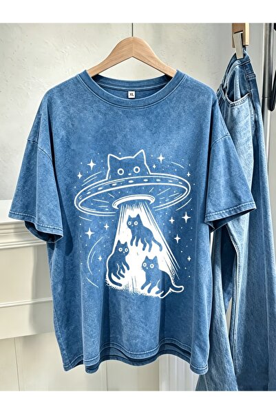 Touz Moda Alien Cat Printed Washable Vintage Unisex Oversize T-Shirt