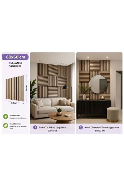 DİĞER1111 60x60 cm Akustik Ahşap Duvar Paneli | Dekoratif MDF Çıtalı Duvar Ka...