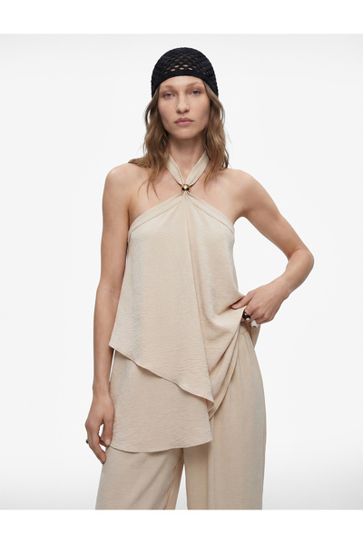 Koton Metal Accessory Halter Collar Sleeveless Asymmetrical Linen Blend Blouse