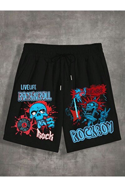 COZYWEAR Rock'N Roll Printed Black Shorts