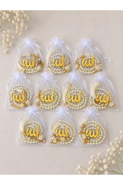 lifestyling 99 Glass Pearls Prayer Beads with the Word'Allah' on a Tulle Pouc...