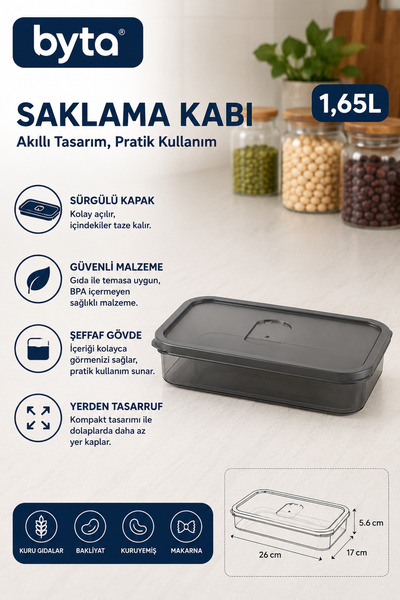 BYTA 1.65 Liter Rectangular Food Storage Container with Sliding Lid Transpare...