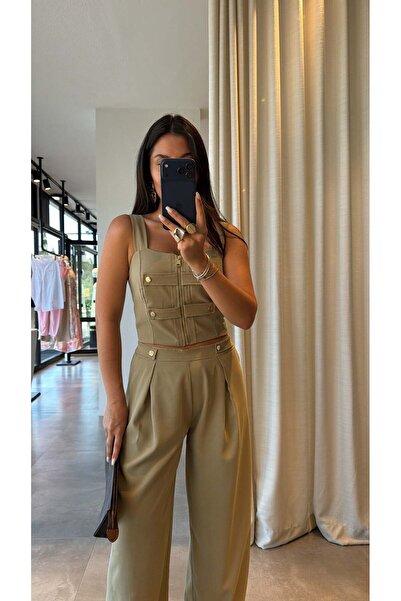 HARMONY GLOBAL Women's Khaki Button Detailed Blouse Top and Wide Leg Pants Tw...