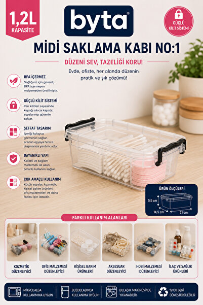 BYTA 1.2 L Multi-Purpose Storage Container with Locking Lid Transparent Plast...
