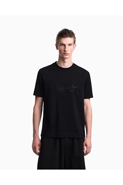 Emporio Armani Men's Thick Jersey Woven Fabric Logo Embroidered Round Neck Sh...