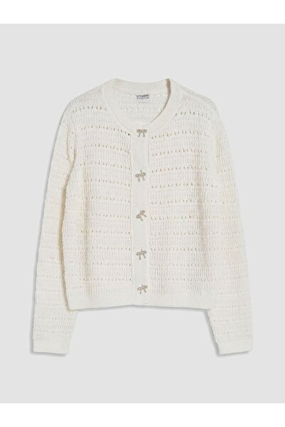LC Waikiki Lcw Kids Ecru Openwork Knitwear Cardigan for Girls