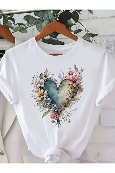 STITCHLY تي شيرت نسائي أبيض - بلوزة بطبعة قلب زهري مائي، قميص كاجوال برقبة مس...