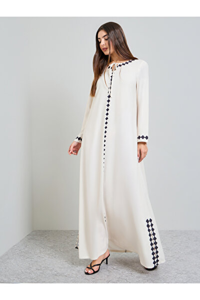 Amirah By Styli Cream Printed Trim Tie-Up Neck Jalabiya