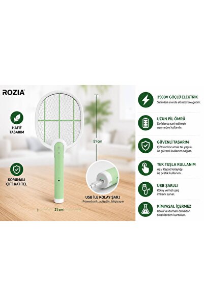 ROZIA USB Şarjlı Elektrikli Sinek Raketi 3500V Güçlü Sivrisinek ve Haşere Öldürücü