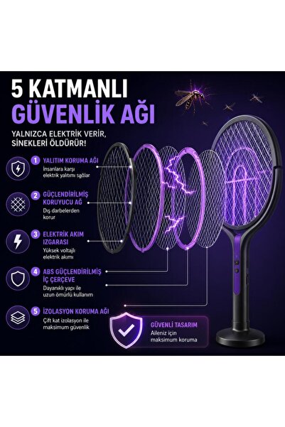 coofbe 2800W Şarjlı Elektriki Sivrisinek Öldürücü Raket Sineksavar 5 Katmanlı Uv Işıklı Teleskopic S