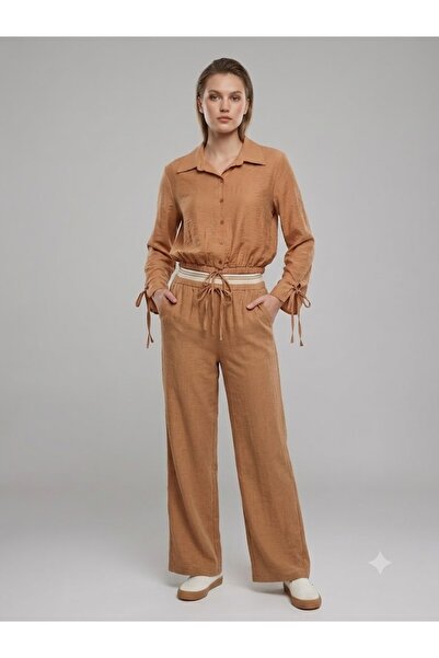 Moda İlgi Modai̇lgi̇ Striped Waist Elastic Comfortable Cut Linen Blouse 10037