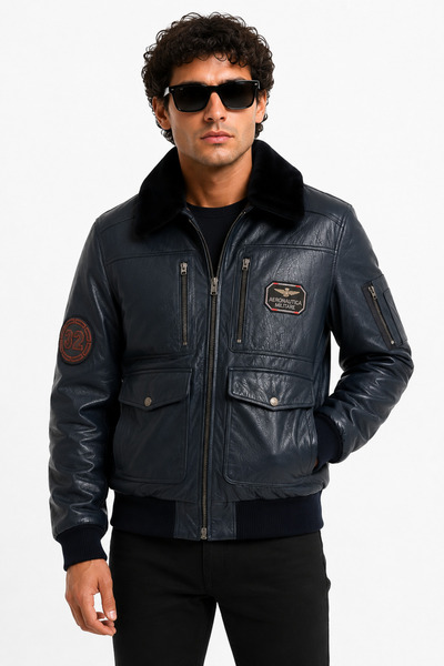MİRENA LEATHER Erkek Lacivert Pilot Model Hakiki Deri Mont