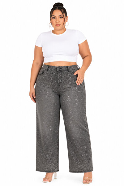 ZANESSİ FASHION Plus Size Denim Stoned High Waist Wide Leg Women's Trousers