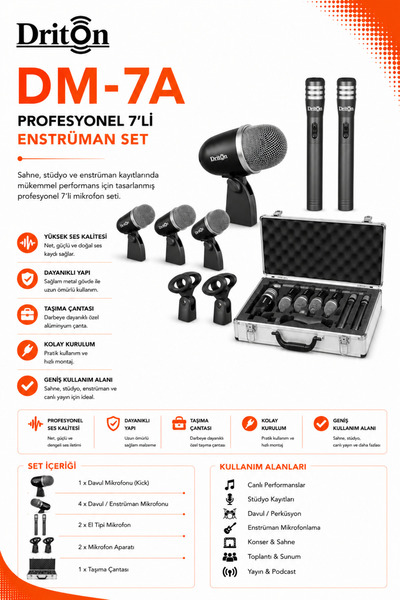 DRİTON DM-7A PROFESYONEL 7 PARÇALI ÇANTALI ENSTRÜMAN MİKROFON SETİ
