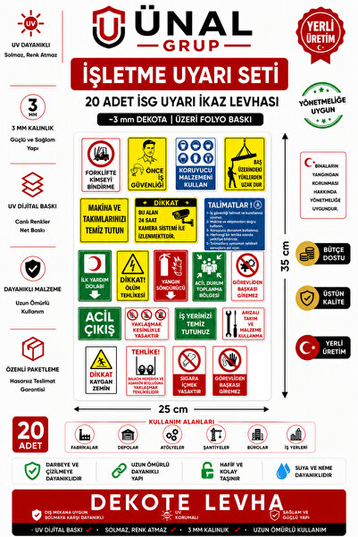 ünalgrup İşletme Uyarı Seti 20 Adet İSG Uyarısı 25x35 cm 3 mm Dekota UV Folyo...